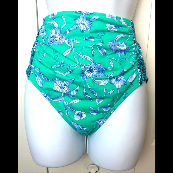 LANDS END Retro High Waisted Swimsuit Bottoms Briefs Green Floral Medallion Geo - Picture 1 of 9
